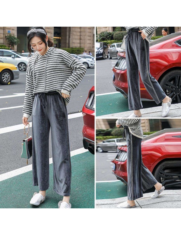 Velvet Wide Leg Pants High Waist Loose Elegant Lady Trousers (Grey M)