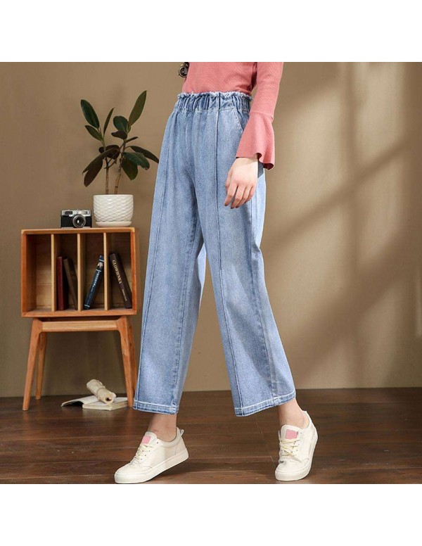 Wide Leg Jeans Elastic High Waist Pants Denim Trousers (Sky Blue M)