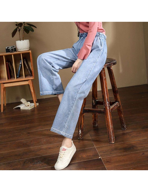 Wide Leg Jeans Elastic High Waist Pants Denim Trousers (Sky Blue M)