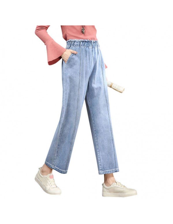 Wide Leg Jeans Elastic High Waist Pants Denim Trousers (Sky Blue M)