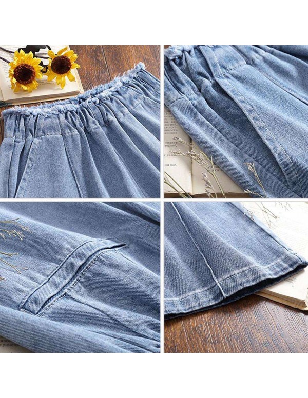 Wide Leg Jeans Elastic High Waist Pants Denim Trousers (Sky Blue M)