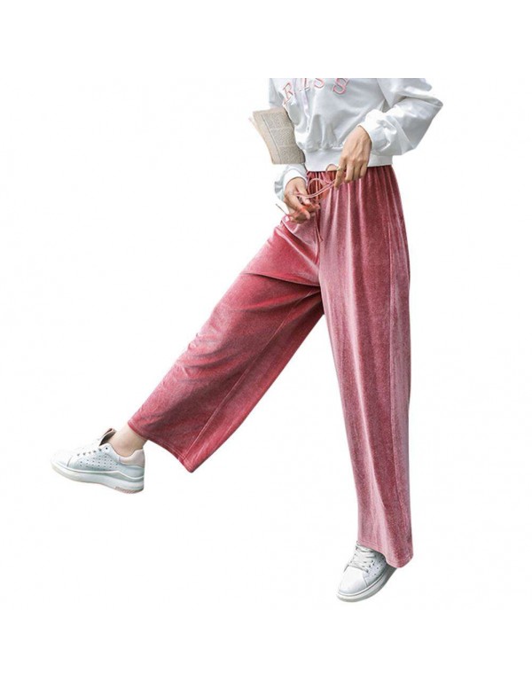 Velvet Wide Leg Pants High Waist New Loose Solid Trousers (Pink M)