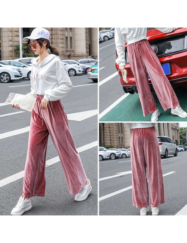 Velvet Wide Leg Pants High Waist New Loose Solid Trousers (Pink M)