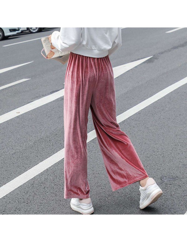 Velvet Wide Leg Pants High Waist New Loose Solid Trousers (Pink M)