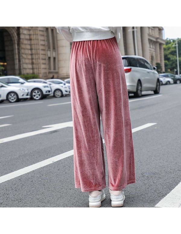 Velvet Wide Leg Pants High Waist New Loose Solid Trousers (Pink M)