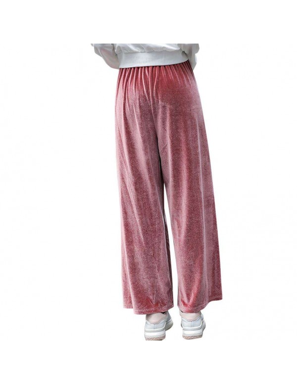 Velvet Wide Leg Pants High Waist New Loose Solid Trousers (Pink M)