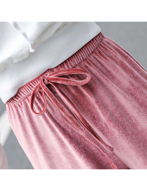 Velvet Wide Leg Pants High Waist New Loose Solid Trousers (Pink M)