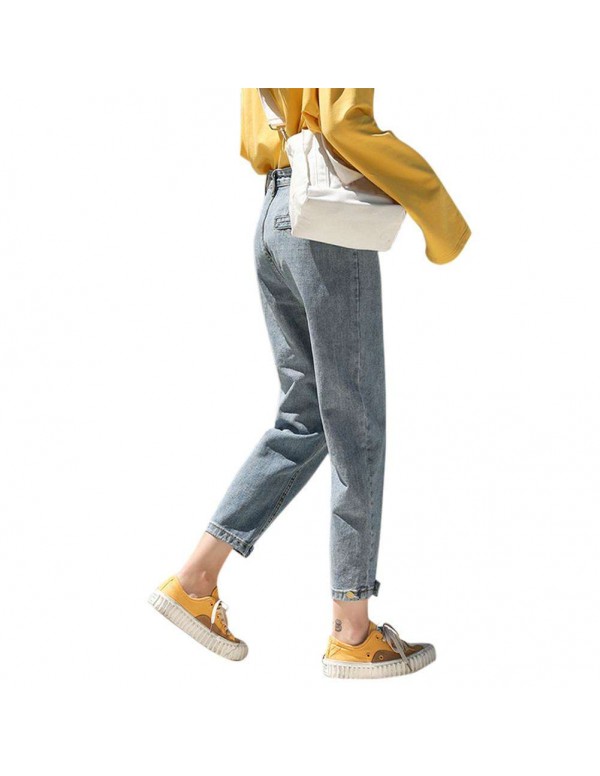 Jeans Casual Denim Pants High Waist Daily Zipper 4/5 Trousers (M)