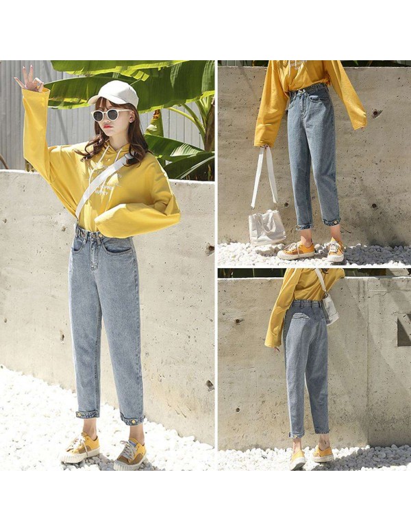 Jeans Casual Denim Pants High Waist Daily Zipper 4/5 Trousers (M)