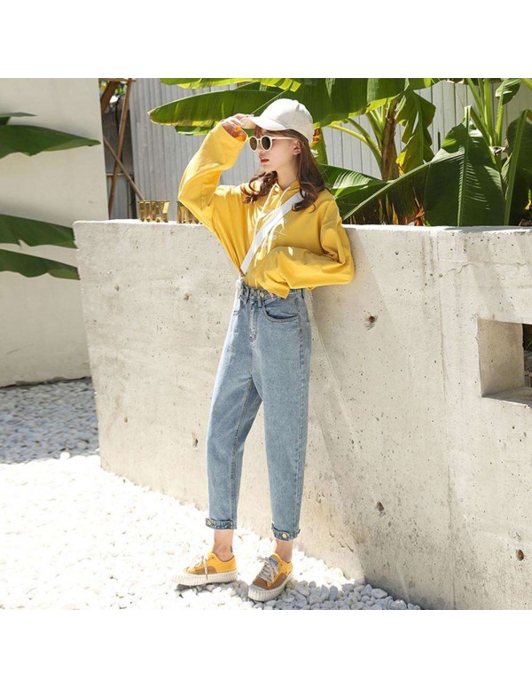 Jeans Casual Denim Pants High Waist Daily Zipper 4/5 Trousers (M)