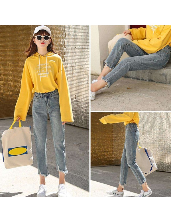 Fashion Jeans High Waist Solid Color Loose Daily Wear Nine Pants (27