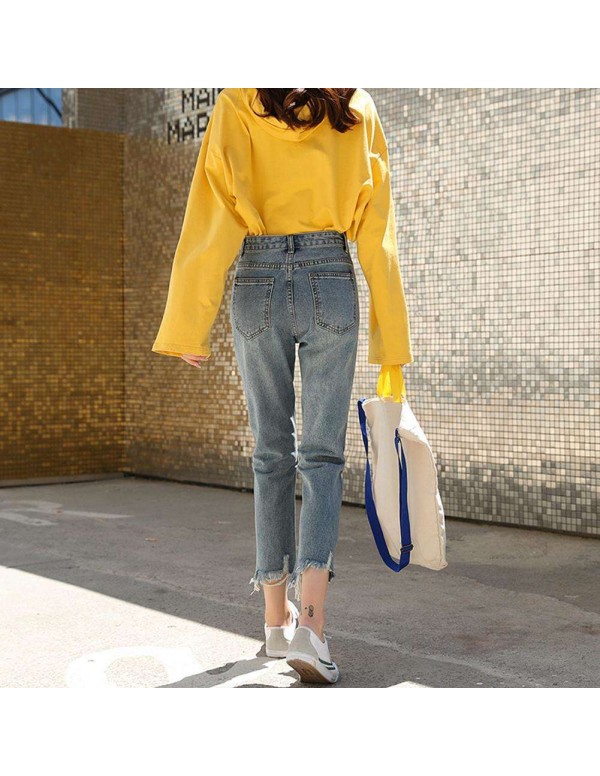 Fashion Jeans High Waist Solid Color Loose Daily Wear Nine Pants (27