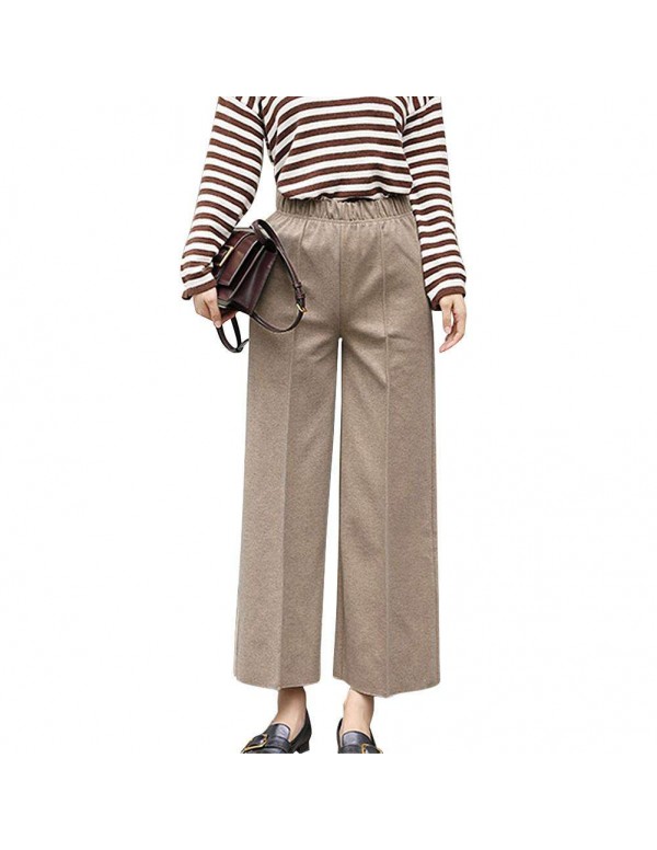 Fashion Wide Leg Pants Loose Woolen Elastic Waist Trousers (Beige M)