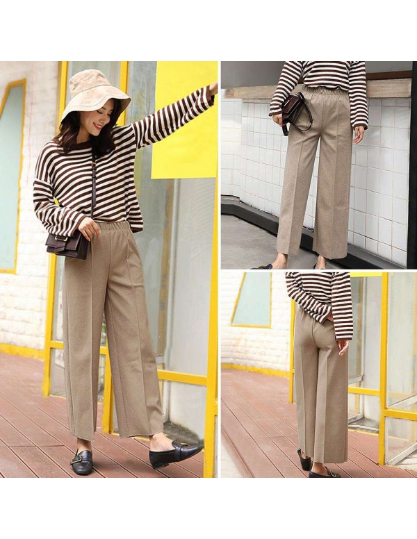 Fashion Wide Leg Pants Loose Woolen Elastic Waist Trousers (Beige M)