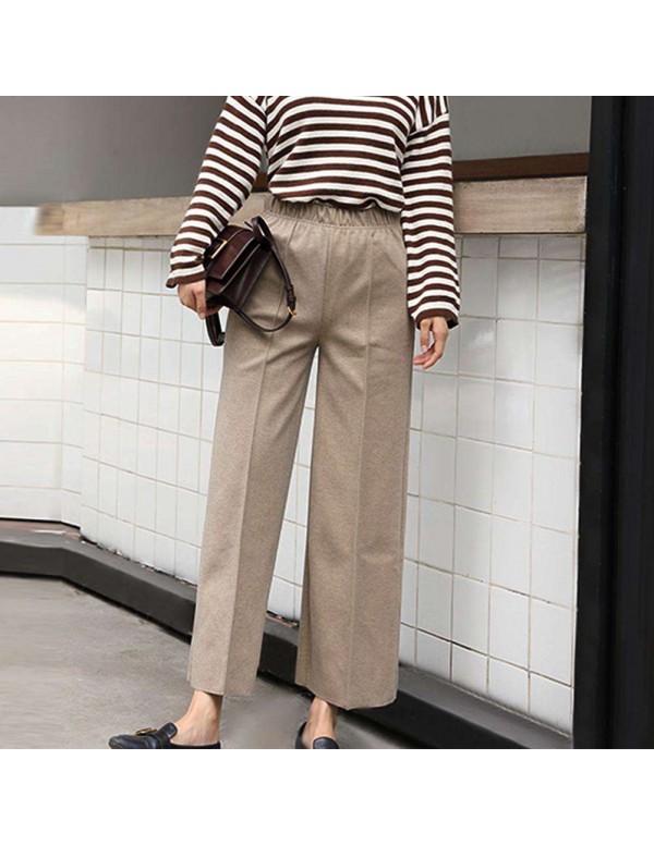 Fashion Wide Leg Pants Loose Woolen Elastic Waist Trousers (Beige M)