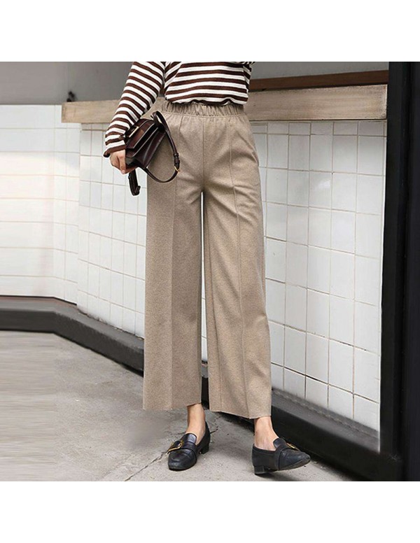 Fashion Wide Leg Pants Loose Woolen Elastic Waist Trousers (Beige M)