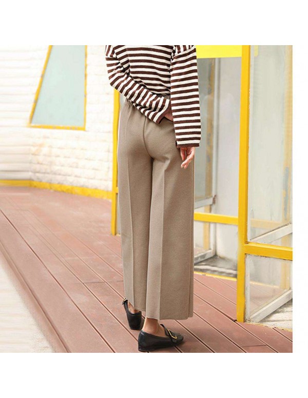 Fashion Wide Leg Pants Loose Woolen Elastic Waist Trousers (Beige M)