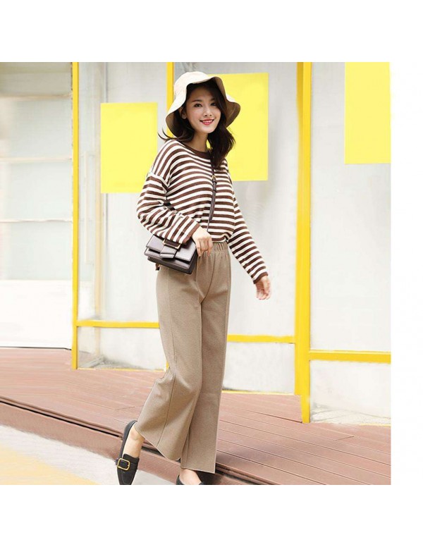 Fashion Wide Leg Pants Loose Woolen Elastic Waist Trousers (Beige M)