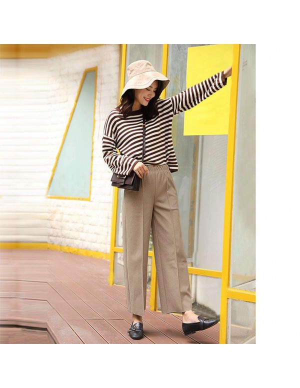 Fashion Wide Leg Pants Loose Woolen Elastic Waist Trousers (Beige M)