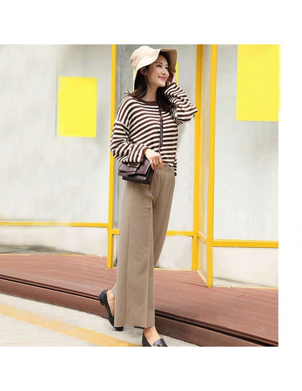 Fashion Wide Leg Pants Loose Woolen Elastic Waist Trousers (Beige M)