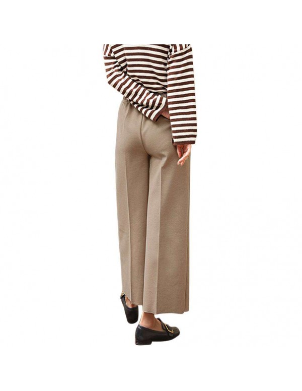 Fashion Wide Leg Pants Loose Woolen Elastic Waist Trousers (Beige M)