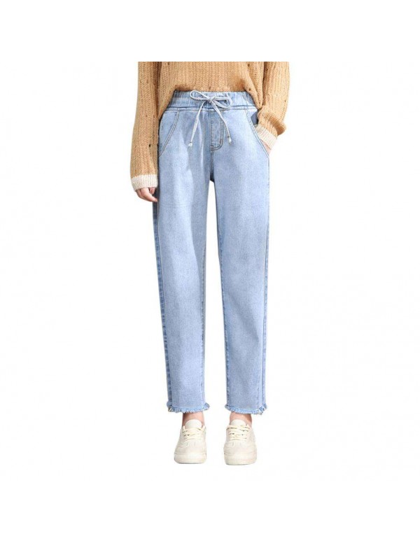 High Waist Jeans Elastic Denim Nine Pants Loose Trousers (Sky Blue M)