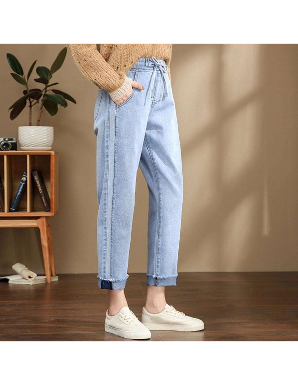 High Waist Jeans Elastic Denim Nine Pants Loose Trousers (Sky Blue M)