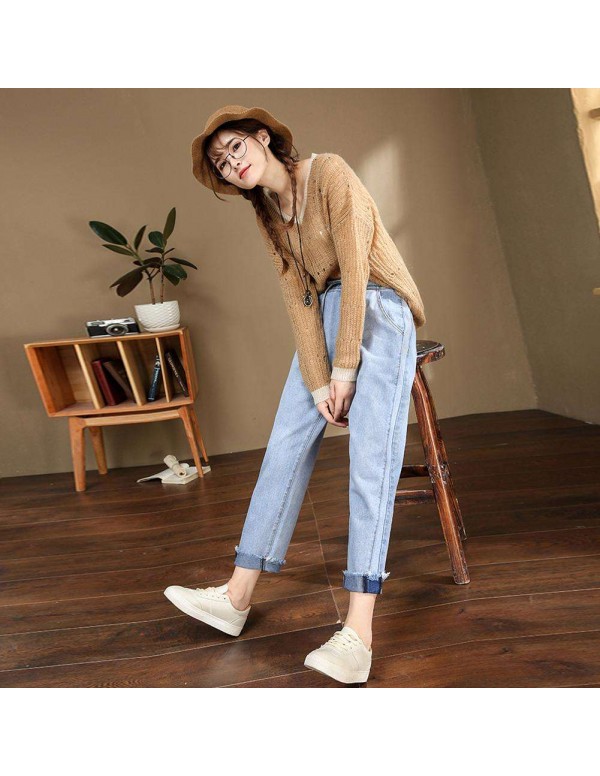 High Waist Jeans Elastic Denim Nine Pants Loose Trousers (Sky Blue M)