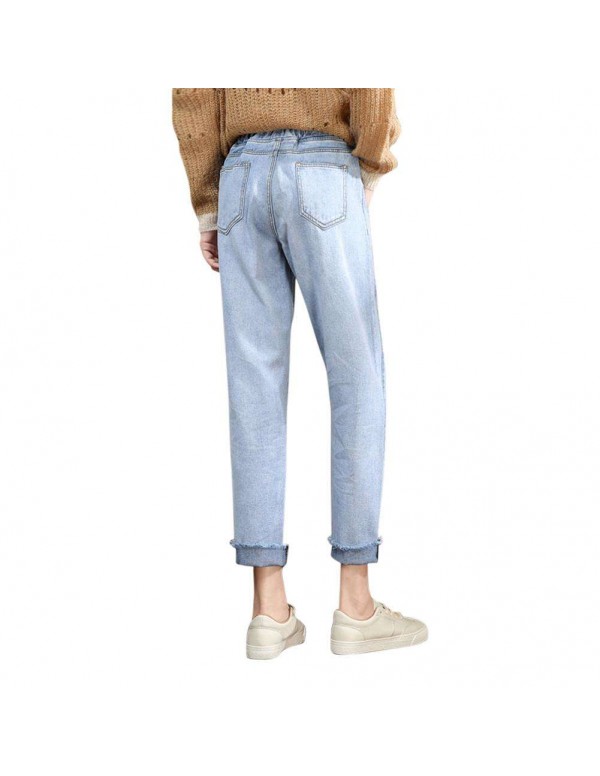 High Waist Jeans Elastic Denim Nine Pants Loose Trousers (Sky Blue M)