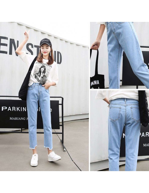 High Waist Jeans Denim Pencil Pants Irregular Trousers (Sky Blue M)