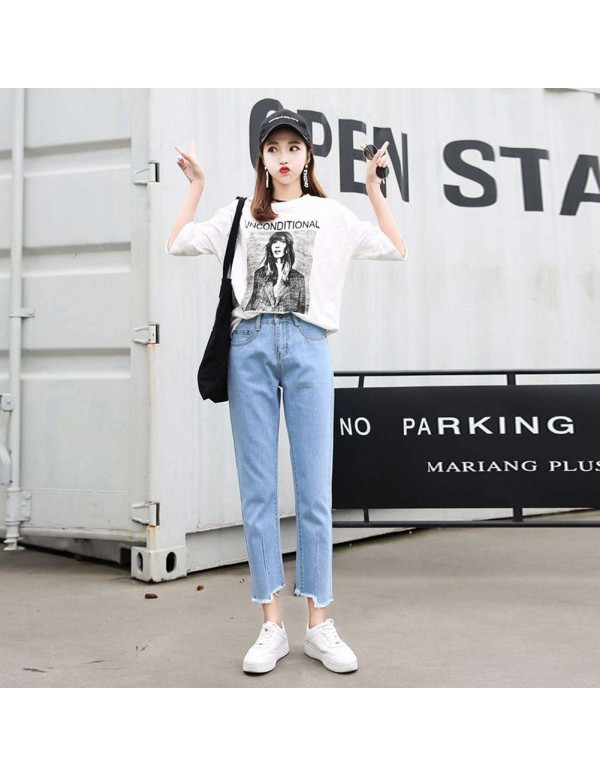 High Waist Jeans Denim Pencil Pants Irregular Trousers (Sky Blue M)