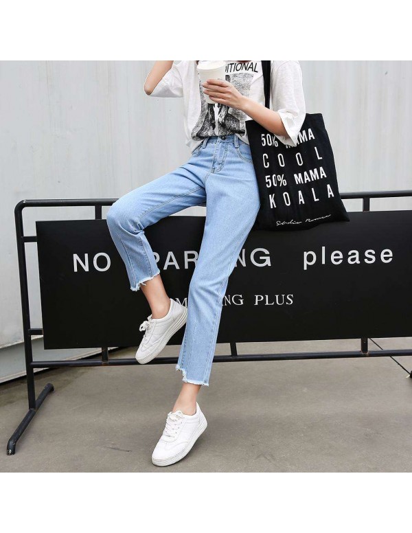 High Waist Jeans Denim Pencil Pants Irregular Trousers (Sky Blue M)