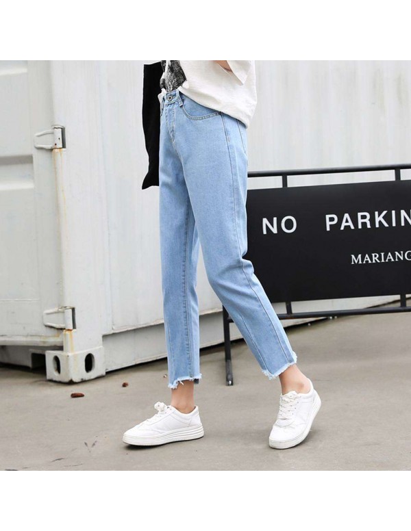 High Waist Jeans Denim Pencil Pants Irregular Trousers (Sky Blue M)