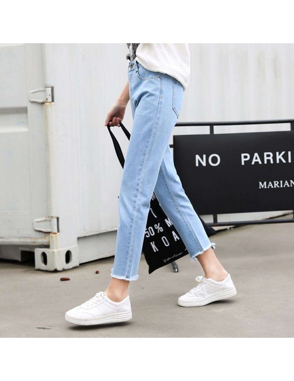 High Waist Jeans Denim Pencil Pants Irregular Trousers (Sky Blue M)