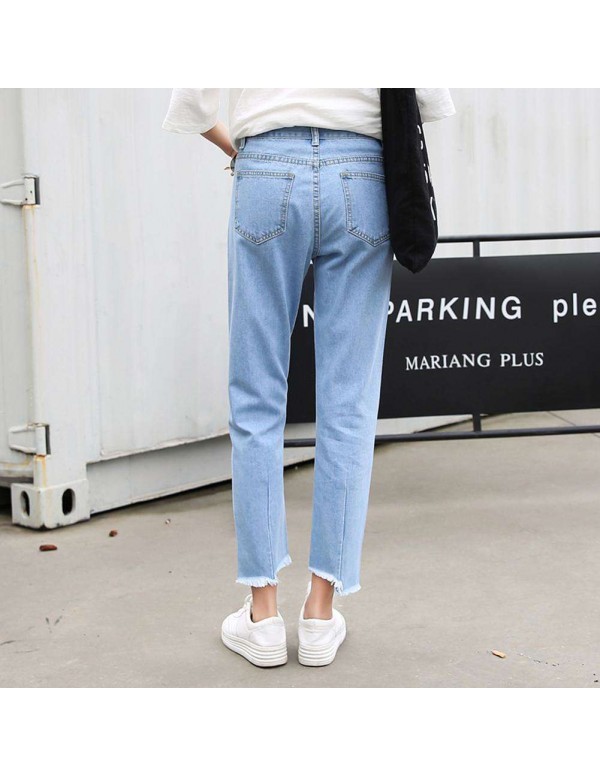 High Waist Jeans Denim Pencil Pants Irregular Trousers (Sky Blue M)