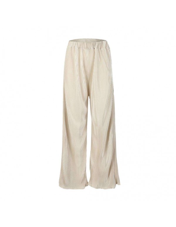 Spring Wide Leg Pants Elastic Waist Pleated Trouse...