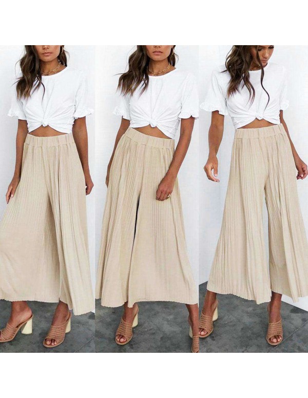 Spring Wide Leg Pants Elastic Waist Pleated Trousers Flare Pants (S)