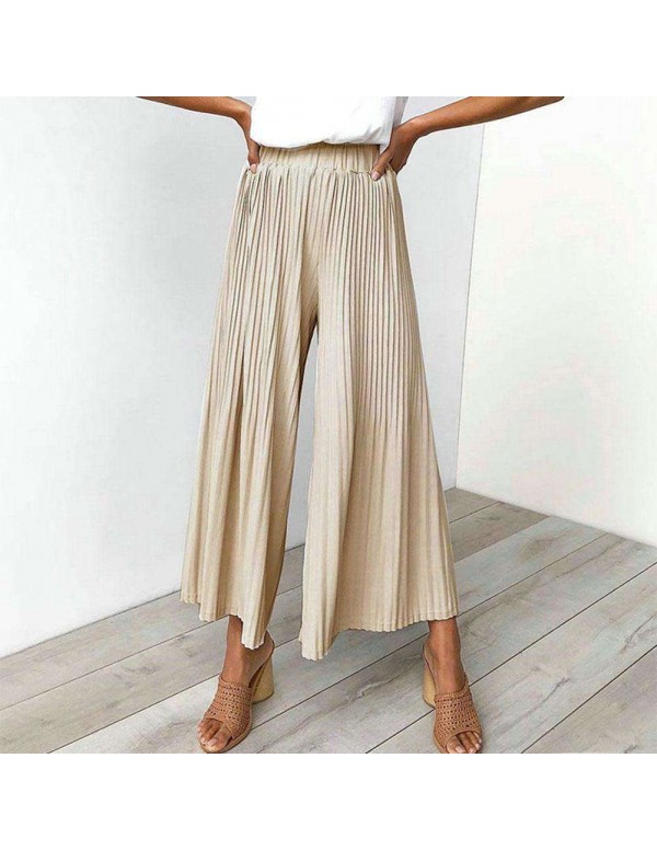 Spring Wide Leg Pants Elastic Waist Pleated Trousers Flare Pants (S)