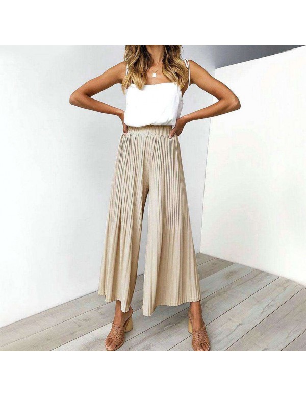 Spring Wide Leg Pants Elastic Waist Pleated Trousers Flare Pants (S)