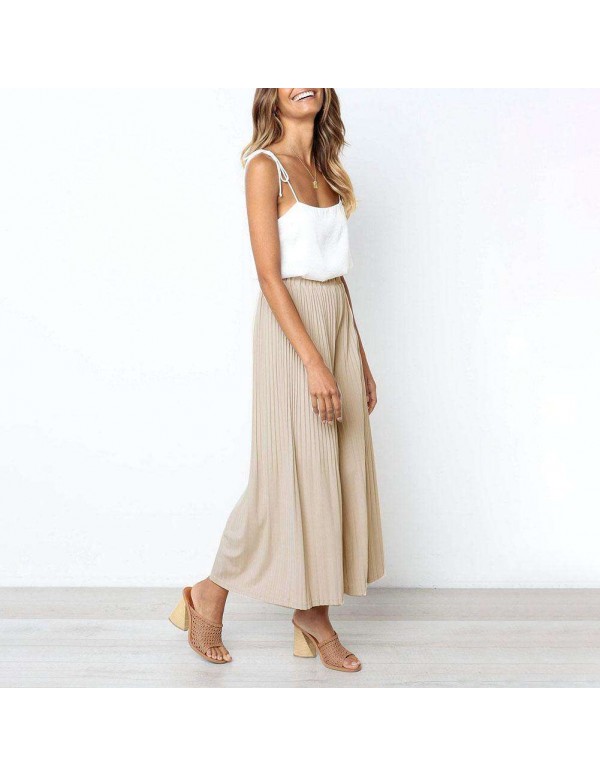 Spring Wide Leg Pants Elastic Waist Pleated Trousers Flare Pants (S)