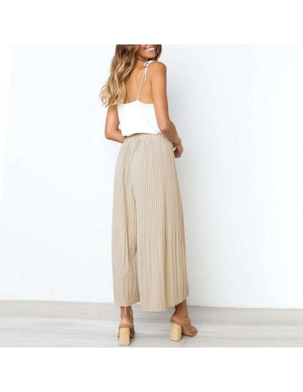 Spring Wide Leg Pants Elastic Waist Pleated Trousers Flare Pants (S)