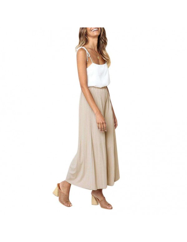 Spring Wide Leg Pants Elastic Waist Pleated Trousers Flare Pants (S)