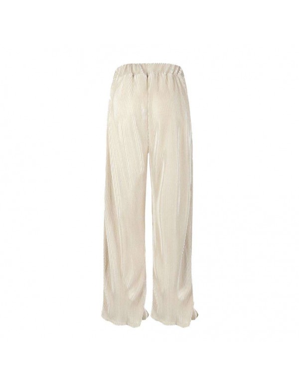 Spring Wide Leg Pants Elastic Waist Pleated Trousers Flare Pants (S)