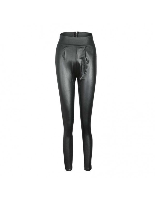 PU Leather Pants Sexy Zipper High Waist Slim Solid Pencil Pants (S