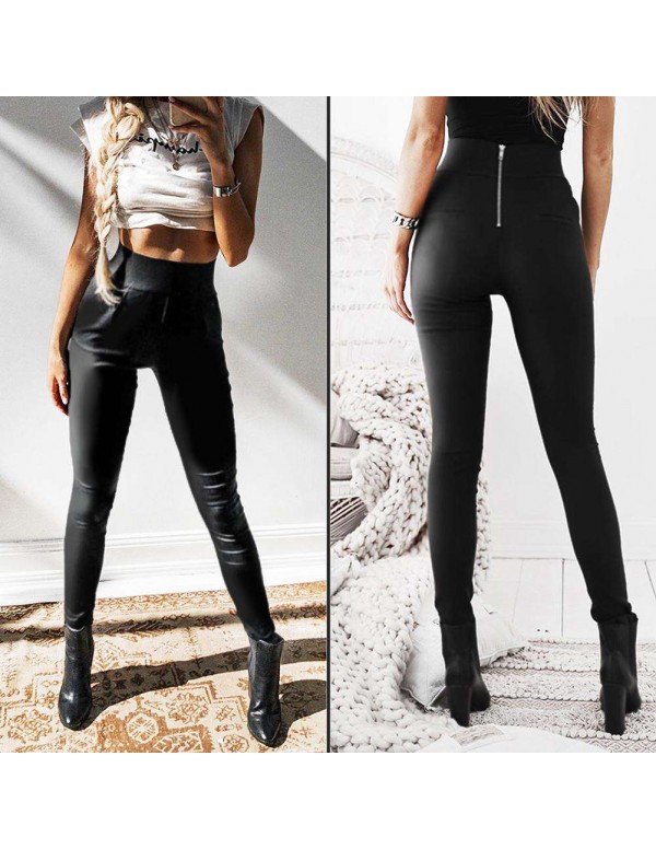 PU Leather Pants Sexy Zipper High Waist Slim Solid Pencil Pants (S