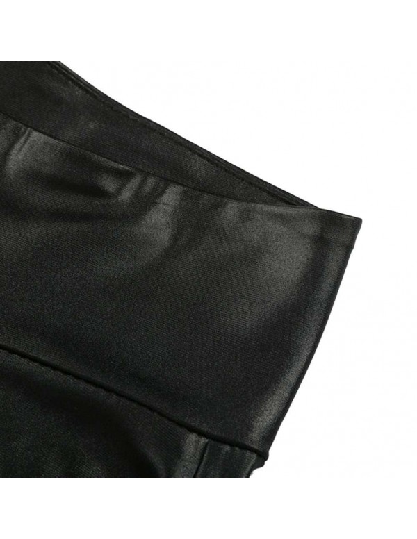 PU Leather Pants Sexy Zipper High Waist Slim Solid Pencil Pants (S