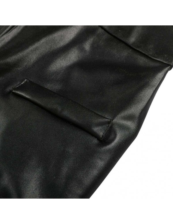 PU Leather Pants Sexy Zipper High Waist Slim Solid Pencil Pants (S