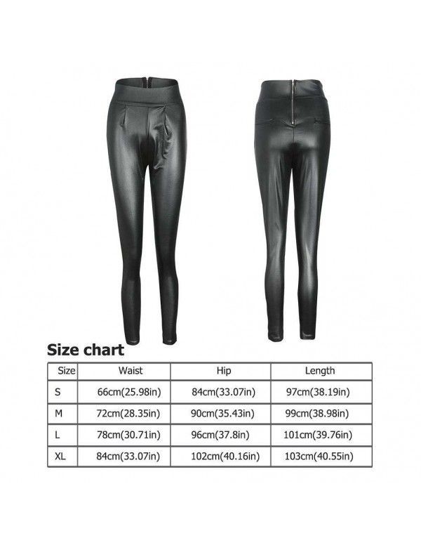 PU Leather Pants Sexy Zipper High Waist Slim Solid Pencil Pants (S