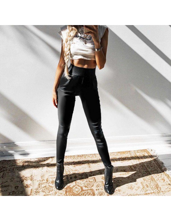 PU Leather Pants Sexy Zipper High Waist Slim Solid Pencil Pants (S