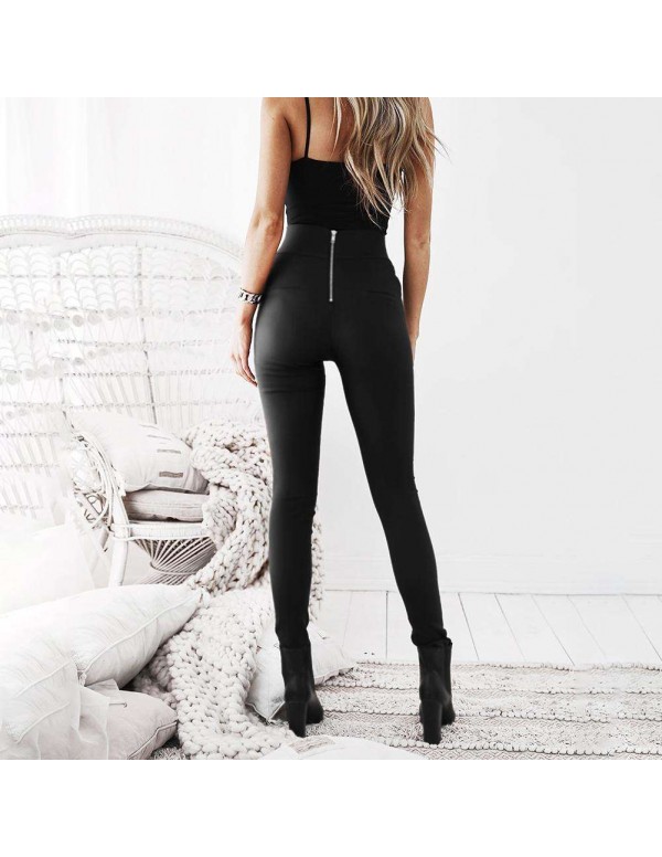 PU Leather Pants Sexy Zipper High Waist Slim Solid Pencil Pants (S